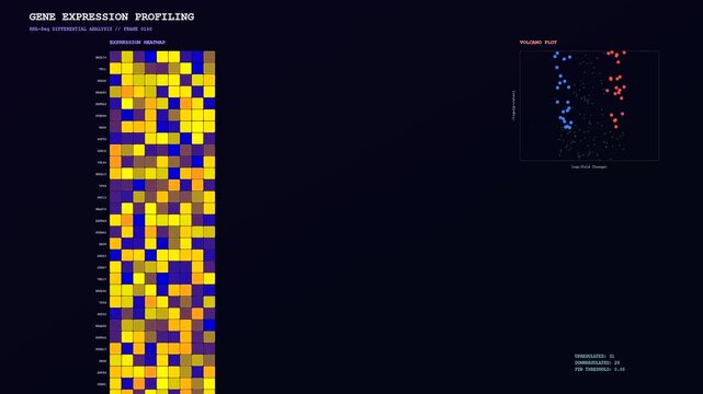 This scientific visualization shows the progression of CRISPR Genome Editing data analysis featuring dynamic gene expression heatmaps and evolving volcano plots on a dark digital background.