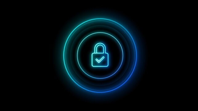 Neon lock icon with circles on black background representing security and protection