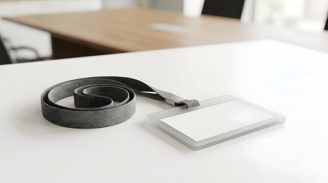 Blank white id card holder with black lanyard on white table, ready for branding.