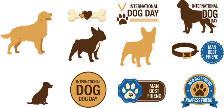 International Dog Day Vector Set Featuring Dog Silhouettes, Paw Icons, Collars, Badges, and &ldquo;Man Best Friend&rdquo; Elements for Pet-Themed Designs and Holiday Projects