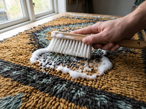 Scandinavian rya rug soft brush working shampoo foam between long knotted modernist pile in a Nordic workshop