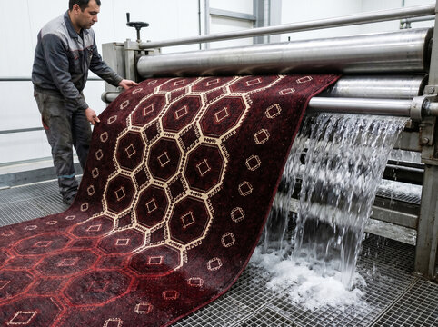 Turkmen Tekke rug fed through industrial roller wringer press with sheet of water cascading onto grated floor