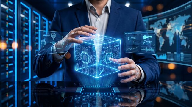 Data Management Technology for Future Business Solutions: Businessman Interacting with Holographic AI Cube in Secure Server Room