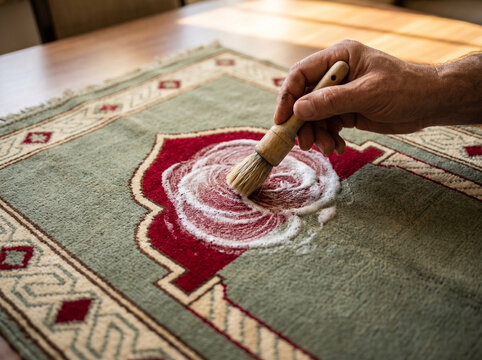Prayer rug localized cleaning with soft brush gently lathering foam around the pointed mihrab arch niche motif