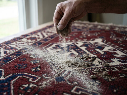 Armenian vishapagorg dragon rug traditional gach clay powder sprinkled by hand to absorb oily soiling from the wool surface