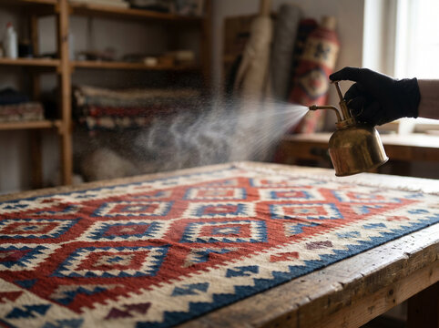 Balkan Pirot kilim brass hand pump sprayer delivering fine mist of moth-deterrent solution across stacked diamond field