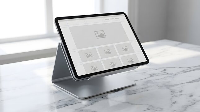 Tablet computer with website mockup display sitting on marble desk.
