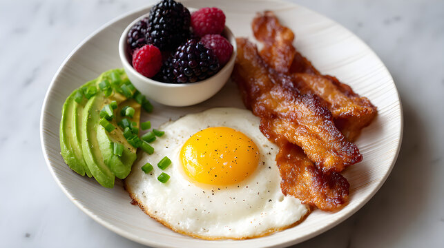 Delicious Breakfast Plate With Fried Egg, Bacon, Avocado, and Berries