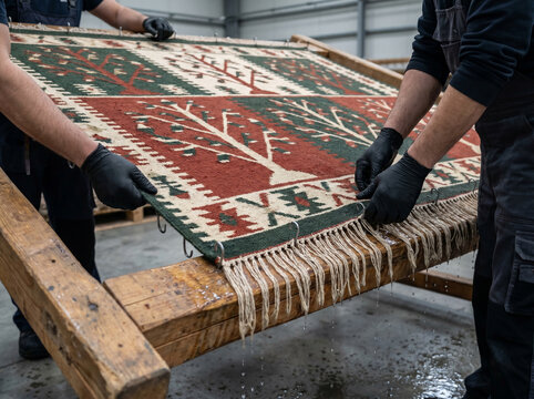 Romanian Oltenian tree-of-life flatweave rug stretched onto wooden tenter frame with metal hooks gripping selvage for drying