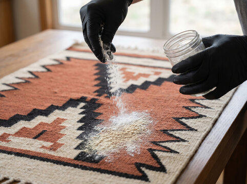 Pueblo-style flat-woven rug dry cleaning with white cornstarch powder sprinkled from glass jar to absorb surface oils