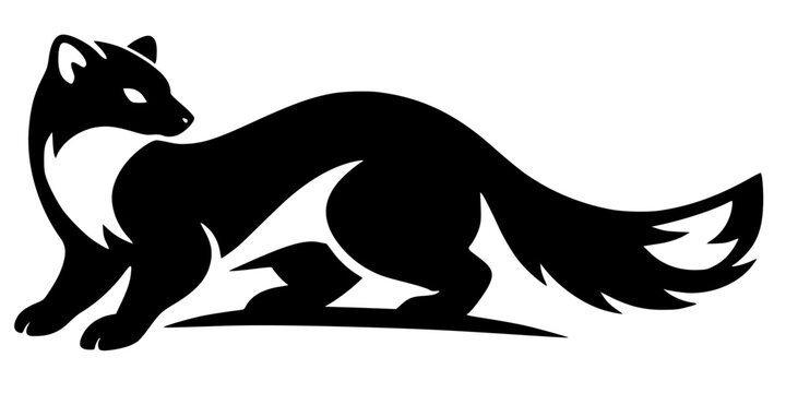 Solid black vector silhouette of a cute marten or ferret looking back over its shoulder. Sharp, clean high-contrast mammal graphic representing wildlife, forest animals, weasels, and nature.