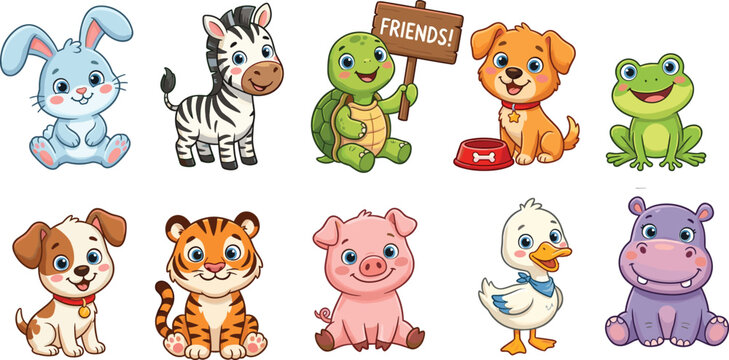 Friendly Cartoon Animal Set Featuring Rabbit, Zebra, Turtle, Dogs, Frog, Tiger, Pig, Duck, and Hippo for Stickers, Kids&rsquo; Books, Games, and Fun Projects
