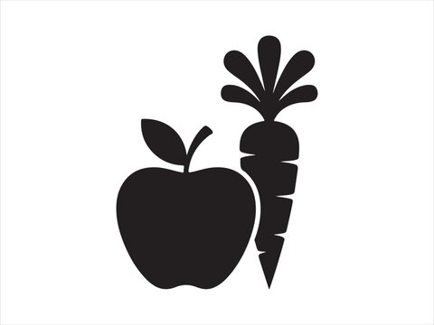 Fresh apple and carrot harvest black icon set, Black silhouettes of apple and carrot with leave icon vector illustration isolated design