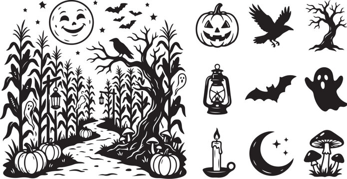 Halloween icons and spooky cornfield at night time