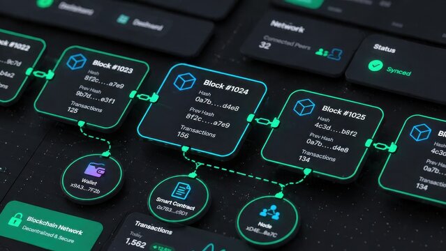 Illustrative visualization of a decentralized blockchain network with interconnected blocks and smart contracts