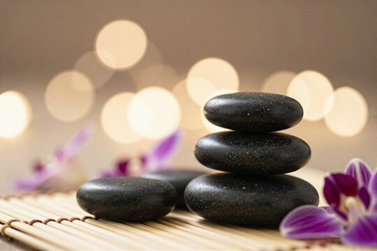 Smooth black basalt stones stacked, selective focus bokeh
