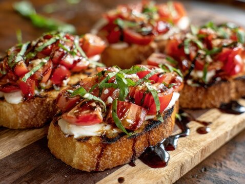 Close up of bruschetta with tomatoes basil and balsamic glaze