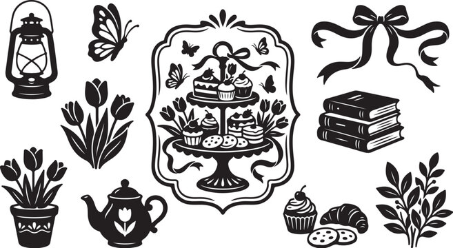 Whimsical Black and White Tea Party Illustrations Collection
