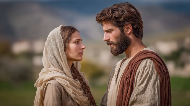 Isaac meets Rebekah for the first time at the well, biblical scene of destiny, love, and providence