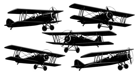 Vintage Biplane Aircraft Silhouette Collection Isolated on White Background © SABBIRAHMAD