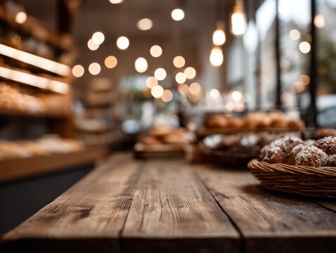 Bakery interior with pastry on a wooden table blurred background