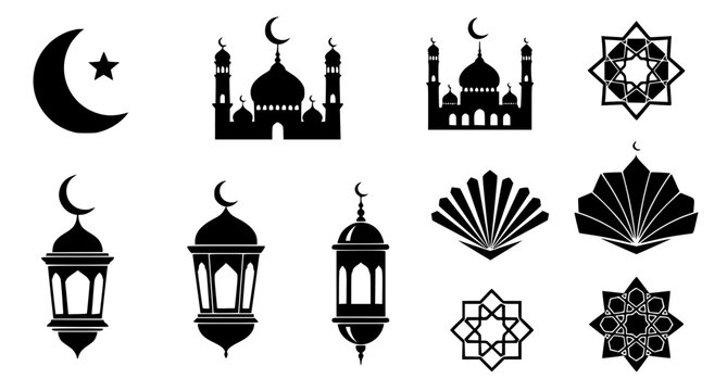 Islamic Ramadan Icon Set with Mosque Lantern Crescent Moon and Geometric Elements