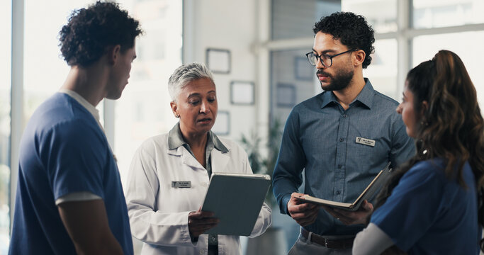 Medical, meeting or people in hospital with tablet, team insight or patient review for treatment plan. Healthcare, discussion or doctors with tech, collaboration or director feedback in post surgery.