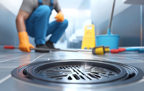 Staff Inspecting Drainage System on Floor with Cleaning Tools Nearby