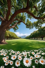 Fototapeta premium Daisies in foreground with sprawling oak trees framing a sunny park and distant mountain