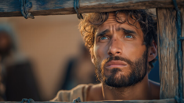 Joseph being taken into slavery by traders, dramatic biblical scene of betrayal and separation, emotional moment filled with sorrow, uncertainty, and the beginning of a difficult journey