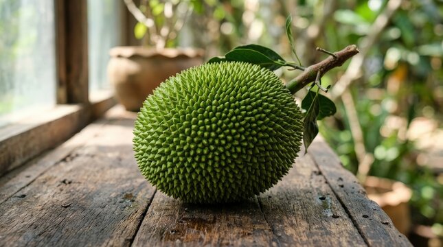 Fresh unripe soursop fruit with textured green skin on rustic wooden surface