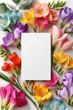 Blank white notecard with colorful freesia flowers overhead flatlay for spring greeting card mockup