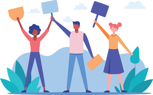 Three people holding protest signs with vector illustration protest movement activist group political protest