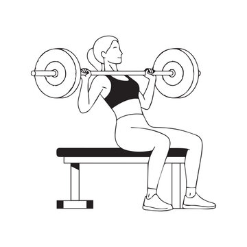 Line art illustration of a woman performing a barbell hip thrust exercise on a gym bench for glute workout

