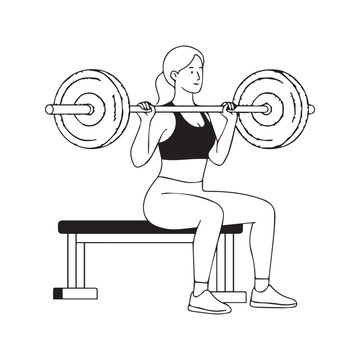 Line art illustration of a woman performing a barbell hip thrust exercise on a gym bench for glute workout
