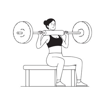Line art illustration of a woman performing a barbell hip thrust exercise on a gym bench for glute workout
