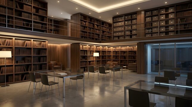 Spacious library interior with wooden bookshelves filled with books, modern reading area.
