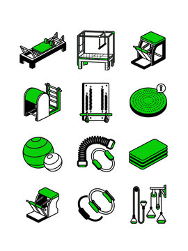 Isometric Pilates Equipment Vector Icons Set - Green and Black Fitness Studio Apparatus