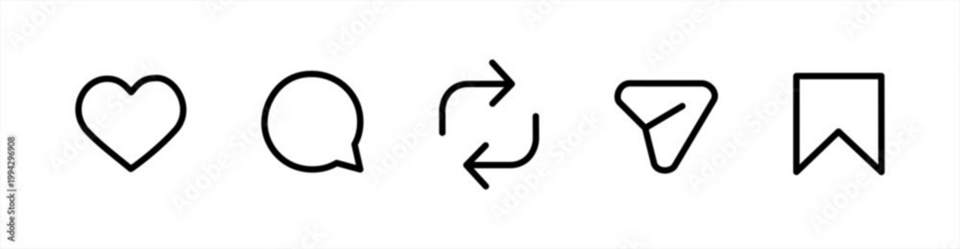 Minimalist social media engagement icons set including heart like comment repost and bookmark