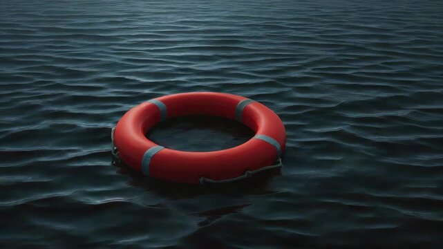 Life ring floating in dark water, red lifebuoy on rippled sea, water rescue safety equipment, emergency device, buoyancy aid, buoyant object, maritime safety