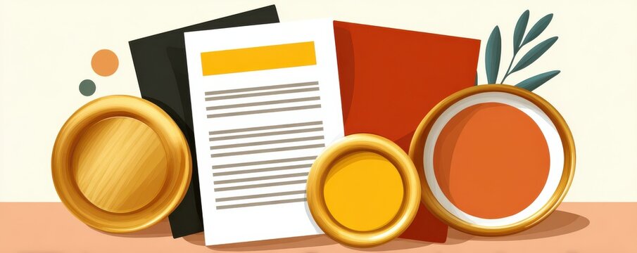 App icon illustration of document and gold badges with folders suggesting awards and files