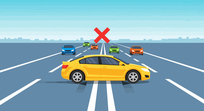 Illustration of yellow sedan car with a red 'X' mark above on highway