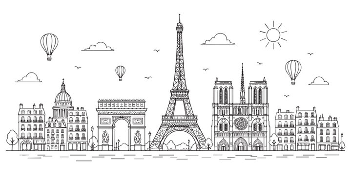 Paris City Skyline Outline with Eiffel Tower and Notre Dame Cathedral.