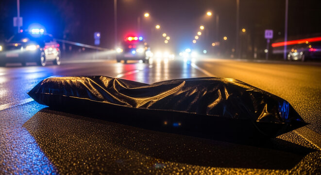 Black body bag on wet asphalt road at night with blurred police siren, crime investigation and fatal accident scene