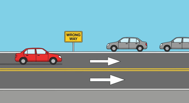 Cartoon scene depicting a wrong-way traffic violation on a road