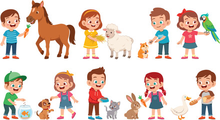 Fototapeta premium Cute Happy Kids Feeding Various Domestic Pets Vector CollectionCute Happy Kids Feeding Various Domestic Pets Vector Collection