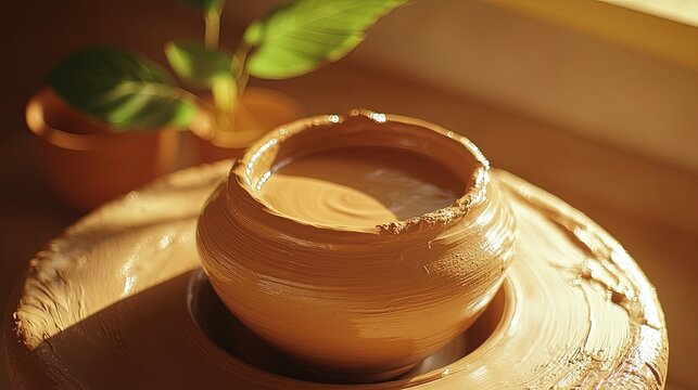 Handmade Clay Bowl on Pottery Wheel in Warm Sunlight. Generative AI