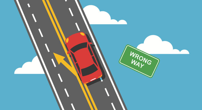 Red car driving wrong way on highway, road sign, graphic illustration