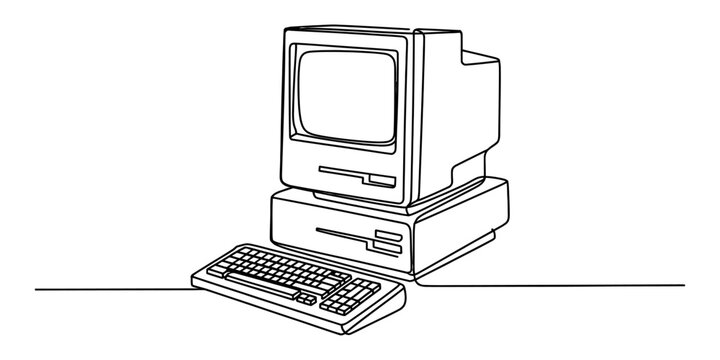 Continuous single line drawing of a vintage retro desktop computer with monitor and keyboard in a simple minimalist black and white artistic style Vector, illustration