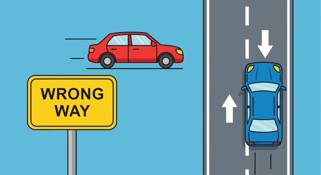 Confused Driving: Wrong Way Sign and Car on Road